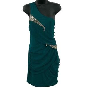 Amp Womens One Shoulder Sequin Zipper Mesh Ruched Teal‎ Green Cocktail Dress L